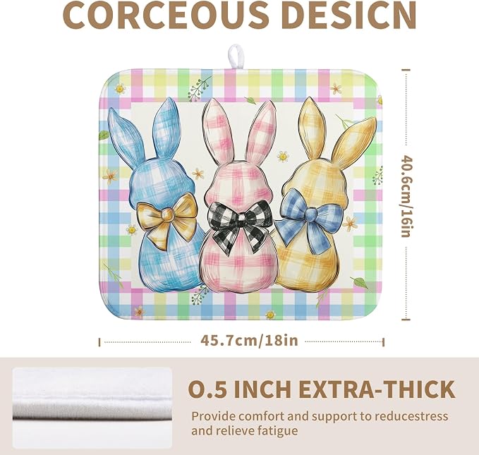 Easter Drying Mat for Kitchen Counter - 16x18 In, Multi-color (Buffalo Plaid), Microfiber & Composite Sponge, Cute Bunny Pattern, Absorbent Dish Drainer Mat