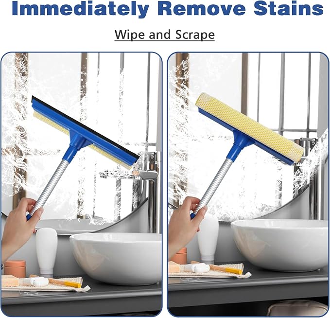 Professional Window Squeegee,2 in 1 Squeegee Window Cleaner with Long Stainless Steel Handle,Sponge Car Window Squeegee for Gas Station, Glass,Shower,Outdoor High Window Cleaning (Expansion Payment)