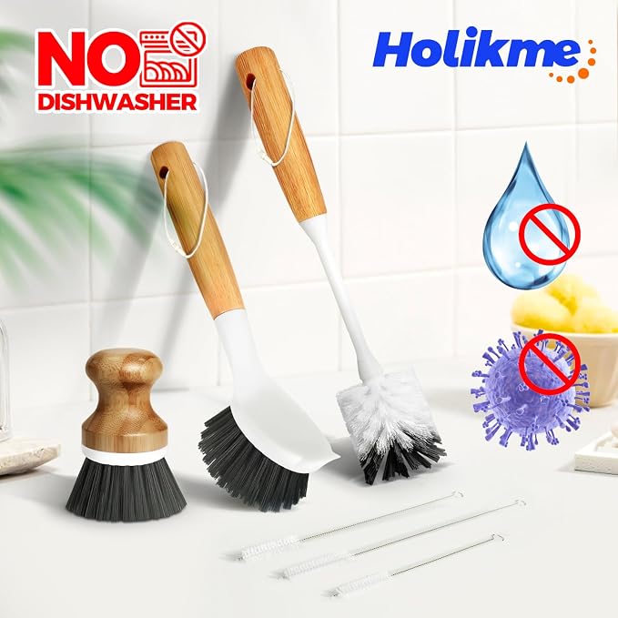 Holikme 6 Pack Dish Brush Scouring Pad Set with Bottle Brush, Dish Brush, Palm Scrub Brush and Straw Brush, Dish Scrubber Long Handle for Dish Bottle Cup Skillet Wok Pot Pan Cast Iron, Dark Gray