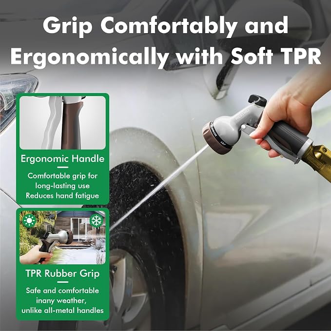 RESTMO Garden Hose Nozzle, Heavy Duty Metal Water Hose Nozzle with 7 Adjustable Spray Patterns, High Pressure Hand Sprayer with Flow Control, Best for Watering Plant & Lawn, Washing Car & Pet, Brown