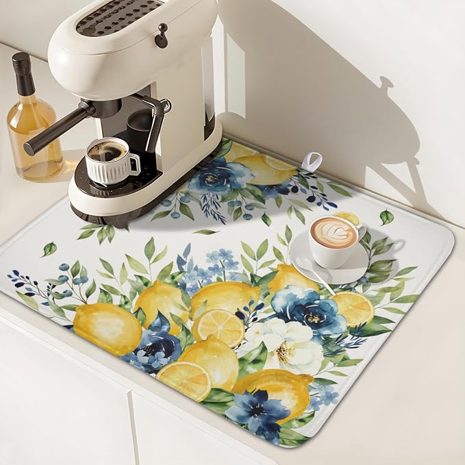 Blue Floral Camellia Lemon Dish Drying Mat 16x18 Inch | Polyester，Absorbent Microfiber，for Kitchen Coffee Dining Bar Decor