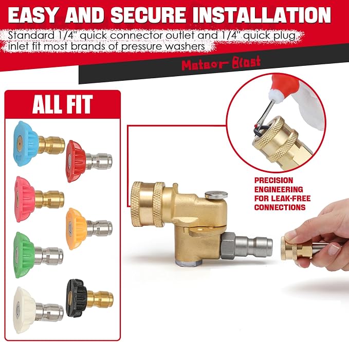 Meteor Blast Pivoting Coupler, 120 Degree with 5 Angles, heavy duty design and Stainless Steel Safety Lock for Pressure Washer Spray Nozzle, Clean Hard to Reach Area, 5000PSI, 1/4” Quick Connect