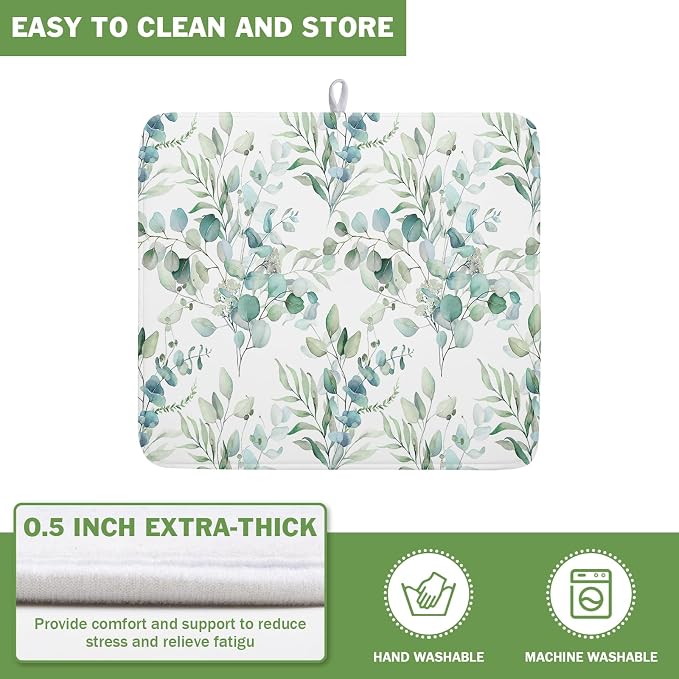 Watercolor Sage Leaves Dish Drying Mats for Kitchen Counter 16x18 Inch,Spring Leaves Kitchen Drying Mat,Sage Herbs Dishes Pad Dish Drainer Rack Mats Absorbent Fast Dry Kitchen Accessories