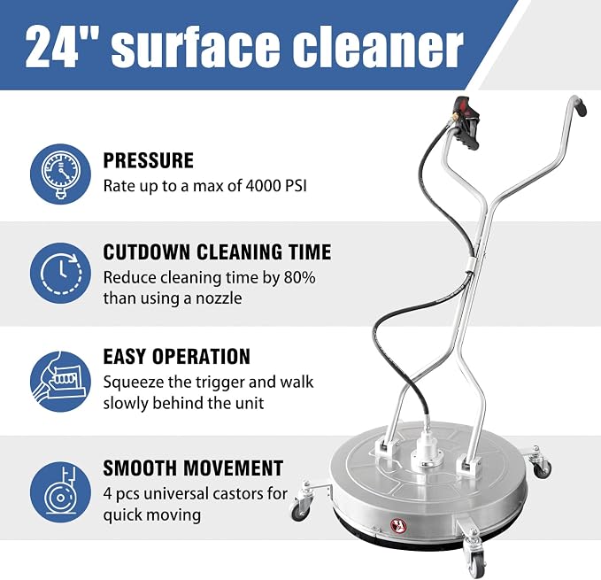JANZ 24'' Pressure Washer Surface Cleaner with Dual Handle Pro | with 4 Wheels,Stainless Steel Housing,4 Replacement Nozzles and 2 Hose Adapters, for Driveways, Sidewalks Cleaning
