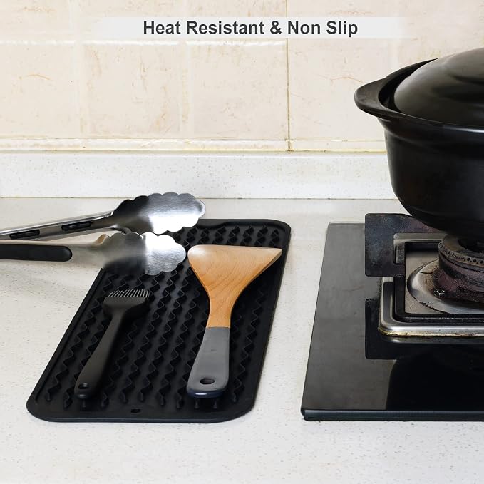 ZLR 2 Pcs Small Dish Drying Mat (6" x 17" / 153 x 433mm) - Narrow Silicone Drainer for Kitchen Counter, Apartment & RV - Compact Sponge Holder & Sink Caddy Tray, Non-Slip Food-Grade Silicone (Black)