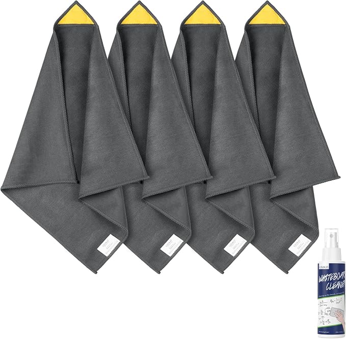 loukin 4 Pack Magnetic Whiteboard Cleaning Cloth, Dry Erase Cleaning Cloth for Classroom, Home and Office Use, Reusable & Washable, Grey, 12" x 12", 1 Bottle of 3.4 fl oz Whiteboard Cleaner Included