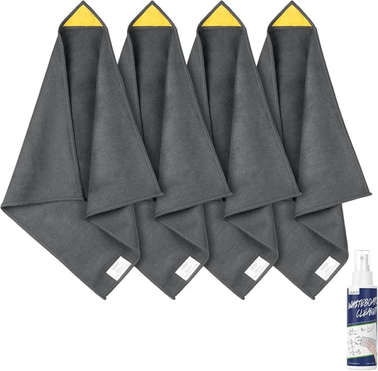 loukin 4 Pack Magnetic Whiteboard Cleaning Cloth, Dry Erase Cleaning Cloth for Classroom, Home and Office Use, Reusable & Washable, Grey, 12" x 12", 1 Bottle of 3.4 fl oz Whiteboard Cleaner Included