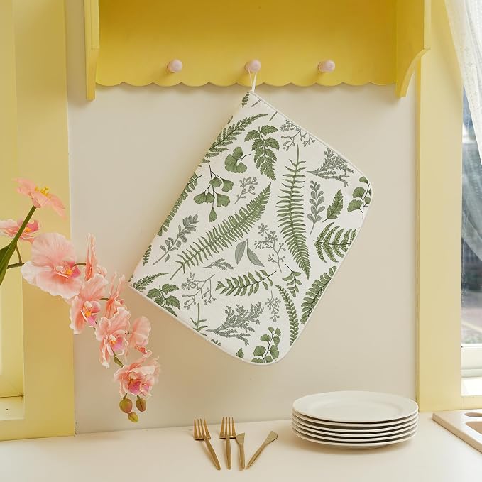Sage Green Herb Leaves Dish Drying Mat 18 x 24 Inch Vintage Sage Green Leaf Plant Drying Mat for Kitchen Counter Absorbent Spring Summer Botanical Dishes Dry Pad for Drainer Rack Kitchen Fast Dry