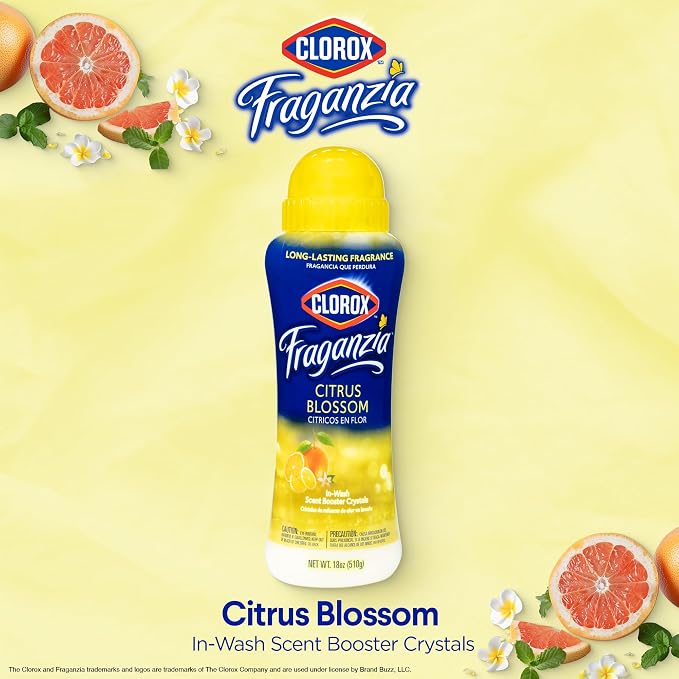 Clorox Fraganzia Laundry Scent Booster Crystals, In-Wash Fragrance Beads for Fresh-Smelling Clothes & Linens, Safe for All Fabrics & Colors, Citrus Blossom Scent, 18 Oz, 2 Pack