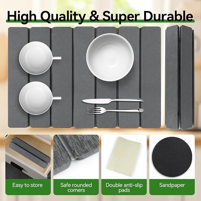 Large Stone Drying Mat for Kitchen Counter, 16"x12" Collapsible Diatomaceous Earth Drying Mat, Instant Absorbent Dish Drying Pad, Stone Drying Rack Space Saver Drying Board for Kitchen Sink, Gray