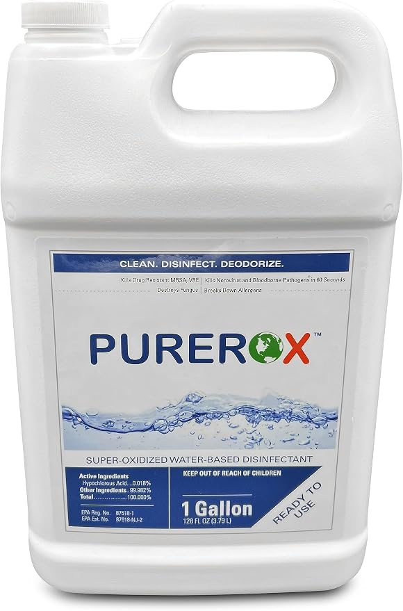 PUREROX disinfectant (1 gallon) Eliminate 99.9999% viruses, Norovirus, HIV, MRSA and fungi. PUREROX Hypochlorous technology. Hospital Grade. Use Anywhere. No residue.No Rinse. Suitable All Surfaces