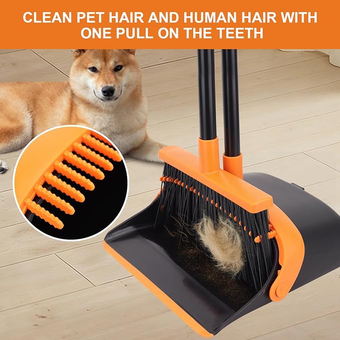 Broom and Dustpan Set - 56" Long Adjustable Handle Broom with Upright Standing Dustpan Combo for Home,Kitchen, Shopping Mall and Factory Indoor&Outdoor Sweeping