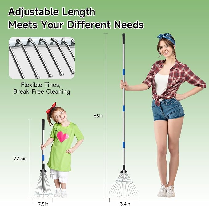 SANLIKE 68" Adjustable Metal Leaf Rake, Heavy Duty Lawn Thatch Rake | Sturdy metal rake head with extendable 68-inch adjustable handle, heavy-duty durable structure for lawn thatch & leaf cleanup