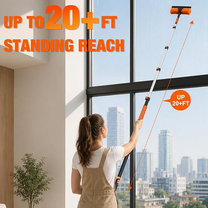 LAANPOLE 26FT Window Squeegee with Extension Pole, 2-in-1 Squeegee for Window Cleaning, Professional Cleaning Kit for Home with 20FT Telescoping Pole for Outdoor Indoor Use