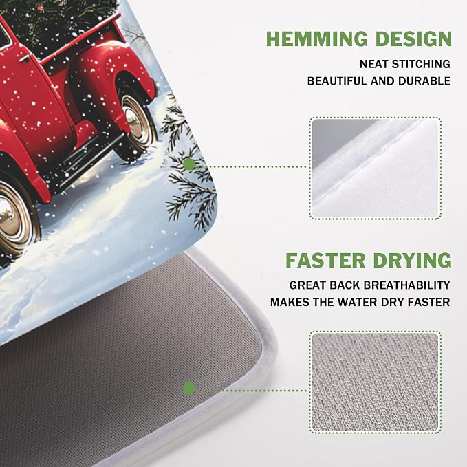 Giwawa Red Truck Dish Drying Mat Winter Xmas Tree Drainer Rack Pad 16"x18" Microfiber Absorbent Quick Dry Dish Sink Mat for Table Kitchen Counter