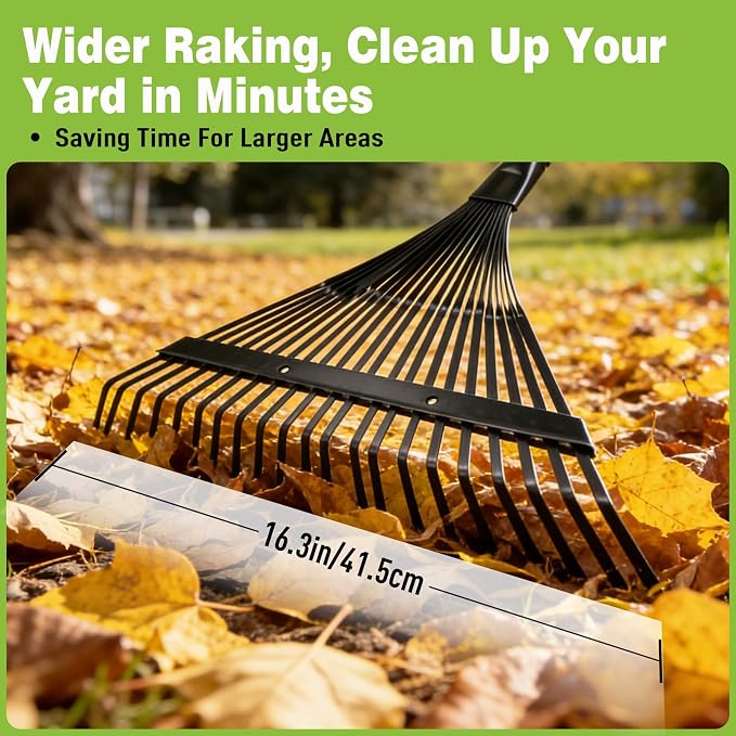 Altdorff Garden Leaf rake, 6FT Rake for Lawns Lightweight 22 Metal Tines 16.3 inch Wide, Adjustable Steel Handle, Rakes for Leaves, Gathering Shrub, Grass, Weeds, Debris,Yard