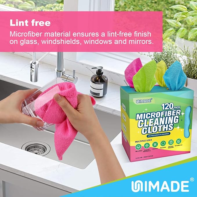 UNIMADE Microfiber Cleaning Cloth, 120 Pack Reusable Paper Towels Microfiber Towels for Cars Lint Free Shop Rags for Home Kitchen Automotive, 11"x 9", Pink & Yellow & Green & Blue