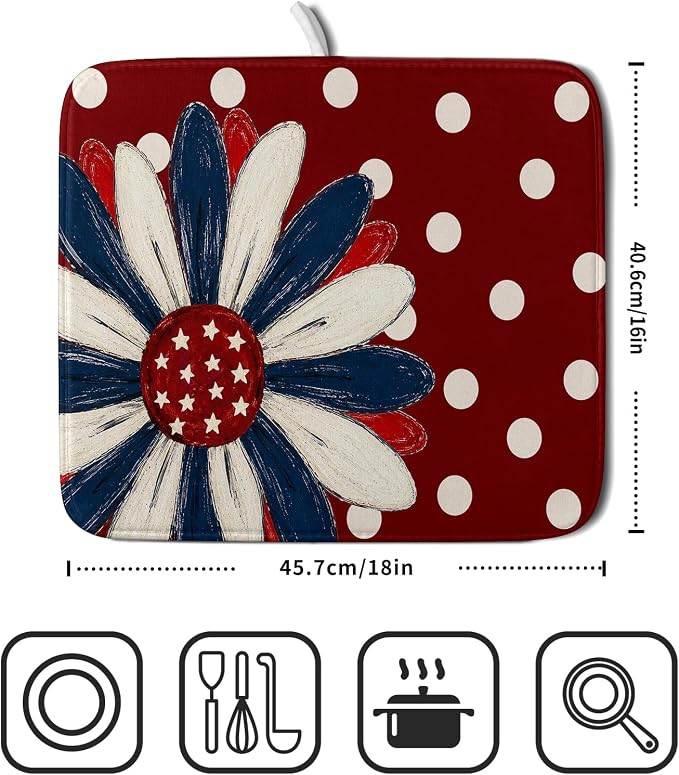 Patriotic Dish Drying Mat 16 x18 In Red and Blue Daisy Microfiber Kitchen Draining Mat for Countertops