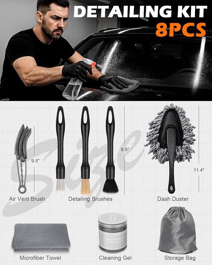 8PCS Car Interior Detailing Kit, Gifts for Men | 200g Cleaning Gel (185% More Than 70g), Ultra-Soft Detailing Brush Set with Dash Duster, Air Vent Brush & Microfiber Towel