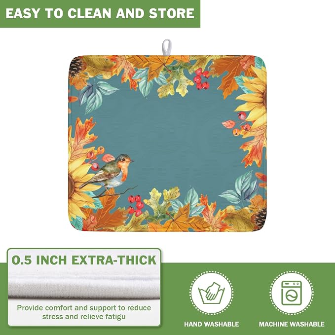 Fall Sunflower Dish Drying Mat for Kitchen Counter 16 x 18 Inch Autumn Orange Leaf Dish Drainer Mat Absorbent Microfiber Thanksgiving Harvest Dish Rack Pad for Coffee Dining Bar Decor