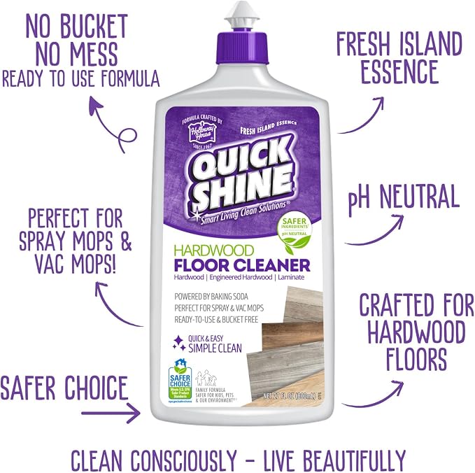 Quick Shine Hardwood Floor Cleaner 27 oz-6 Pk, Streak-Free, No Residue | Powered by Baking Soda, Fresh Island Essence, pH Neutral, No Rinse, PFAS & Ammonia Free, EPA Safer Choice Made in USA