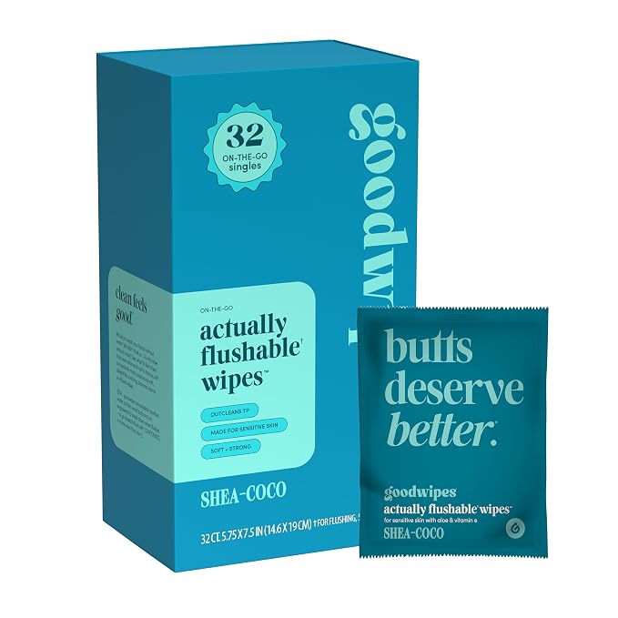 goodwipes Flushable Wipes for Women - Shea-Coco Individually Wrapped Travel Butt Wipes To Go, Mini Purse & Festival Essentials for Adults, pH Balanced for Feminine Hygiene, 32 Count (1 Pack)