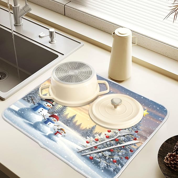 Christmas Tree and Snowman Dish Drying Mat for Kitchen Counter Absorbent Microfiber Large Winter Snowflakes Drying Pad Dish Mats for Kitchen Countertops 18 x 24 Inch