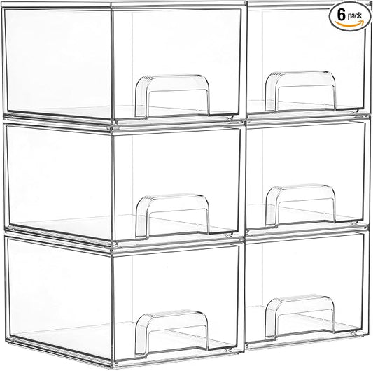 Vtopmart 6 Pack Small Clear Stackable Storage Drawers,Acrylic Bathroom Makeup Organizer,Plastic Storage Bins For Vanity, Undersink, Kitchen Cabinets, Pantry, Home Organization