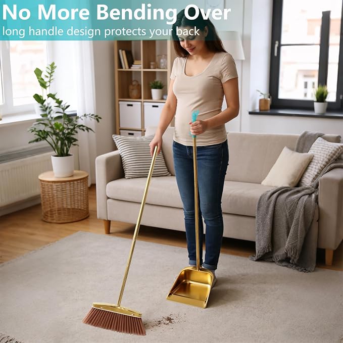 Gold Broom and Dustpan Set, Minimalist Upright Sweeper with Long Handle, Heavy Duty Stainless Steel Metal Dust Pan Combo for Home, Kitchen, Office and Indoor Outdoor Use (Gold Basic)