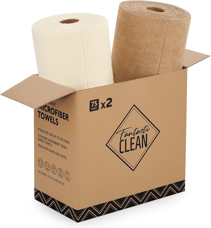 Fantasticlean Microfiber Cleaning Cloth Rolls-150 Sheets,12"x12"(TAN,Beige) | Super Absorbent, Lint-free, Tear-away Microfiber Towel Roll, for All-Purpose Cleaning