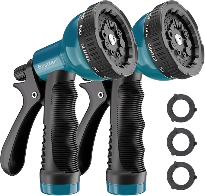 Besiter Garden Hose Nozzle Sprayer: 2 Pack 10 Watering Patterns Spray Nozzles Heavy Duty Hose Head Hose Attachment Bule