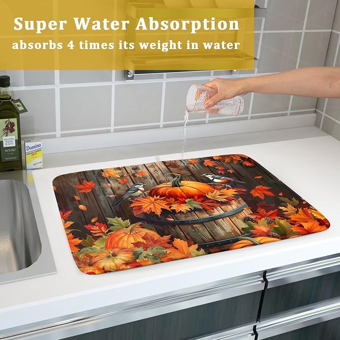Fall Pumpkin Dish Drying Mat for Kitchen Counter Autumn Pumpkin Dish Mats for Drying 16x18 Inch Kitchen Decor Reversible Absorbent Microfiber Fall Thanksgiving Dishes Pad for Coffee Bar Accessories