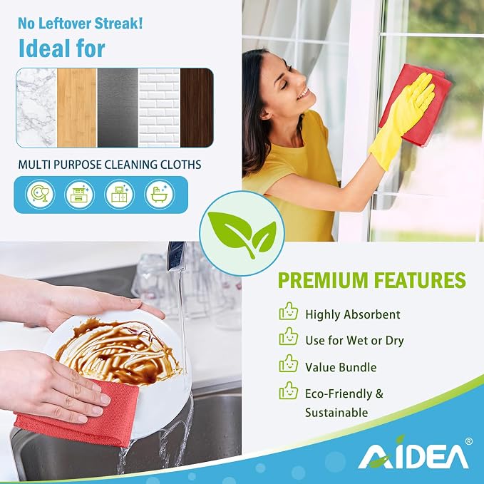 AIDEA Microfiber Cleaning Cloth Red-50PK, Soft Absorbent Shop Rags, Microfiber Towels for Cars, Kitchen Towels, Dusting Cloth for Home, Window, Cleaning Supplies, 12"×12"
