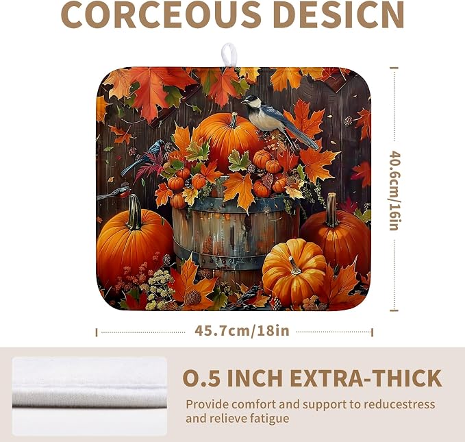 Fall Pumpkin Kitchen Drying Mat 16x18 Inch - Autumn Maple Leaves Bird Dish Mat for Kitchen Counter - Microfiber Absorbent Pad for Dishes, Coffee Bar