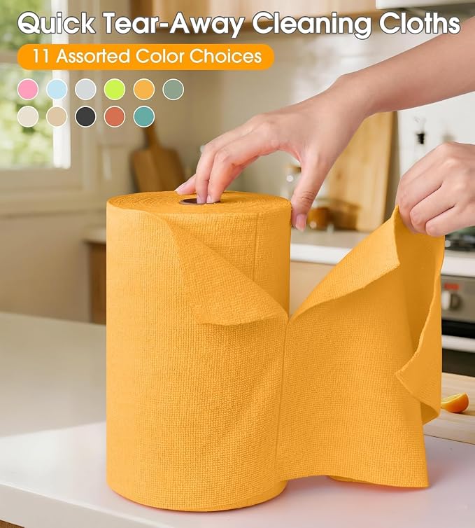 KitchLife Microfiber Cleaning Cloth Roll, 100 Pack - Tear-Away Microfiber Paper Towels, Lint-Free, Reusable, Washable for Kitchen, Car, Dishes, and Sensitive Surfaces (Tangerine Yellow)