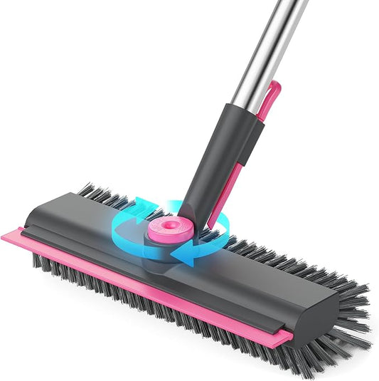 3 in 1 Floor Scrub Brush with Long Handle, Deck Brush with Squeegee | Stiff Dual-side Bristle, 360° Swivel Head with Tweezer, for Tile Wall Deck Bathroom Patio Garage Pool Kitchen (Pink and Gray)