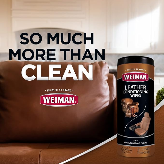 Weiman Leather Cleaner & Conditioner - Cleans, Restores & Protects Leather, UV Protection Prevent Cracking & Fading, For Car Seats, Sofas, Shoes, Bags & All Finished Leather Surfaces, 2 Pack, 60 Wipes