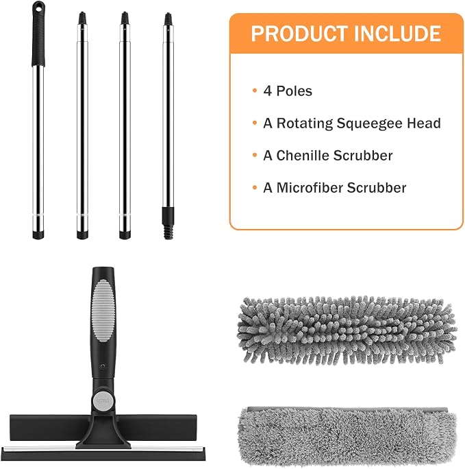 SetSail Window Squeegee with 66in Extension Pole 2-in-1 Window Cleaning Kit | Professional Window Cleaner Tool for Outdoor Indoor Car Windows Glass, Rotatable Head and 2 Scrubbers, Black Grey