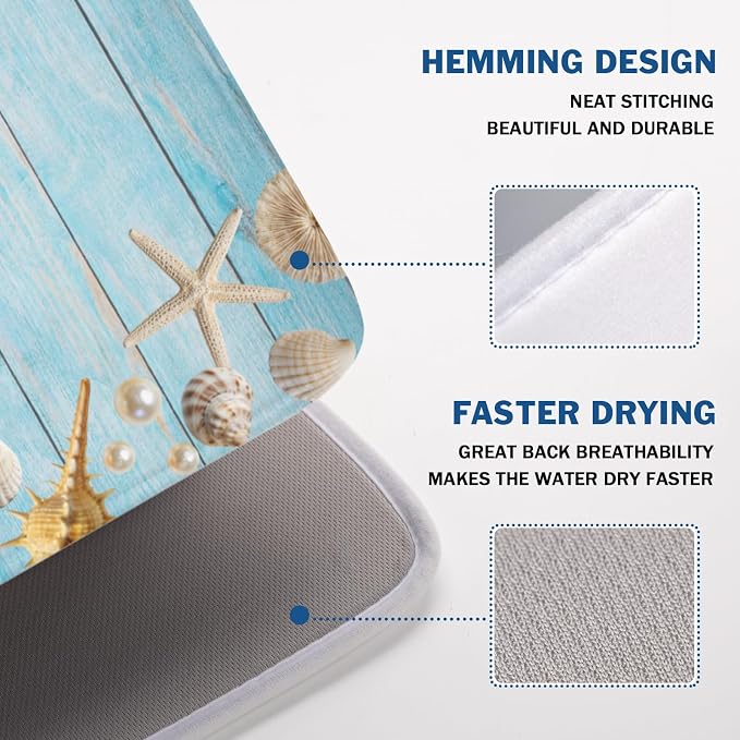 Summer Coastal Dish Drying Mat for Kitchen Counter Seashell Starfish Blue Wooden Board Microfiber Dish Drainer Mat Ocean Nautical Absorbent Washable Drying Pad Extra Large 18"x24"