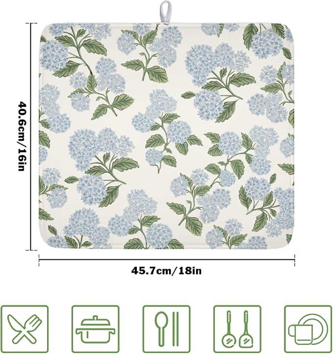 Blue Hydrangea Floral Dish Drying Mat for Kitchen Counter Spring Summer Vintage Flower Microfiber Dish Drainer Mat Rustic Farmhouse Absorbent Washable Drying Pad 16"x18"
