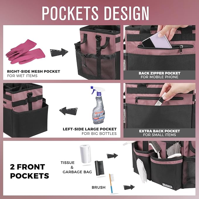 SCAVATA Compact Wearable Cleaning Caddy with Handle & Shoulder Straps | Small Cleaning Supplies Organizer, Under Sink & Car Cleaning Tools Storage Bag for Housekeepers Cleaners, LotusPink