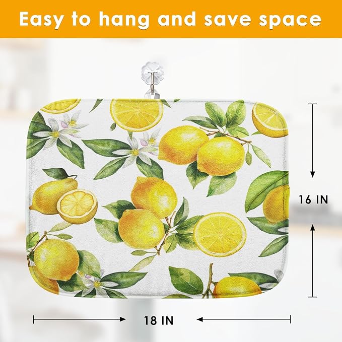 Sanwarm Absorbent Dish Drying Mat, Floral Lemon Fruits Vintage Microfiber Pad for Kitchen Counter, Coffee Bar Decor, Heat Resistant and Reversible, 16" x 18"