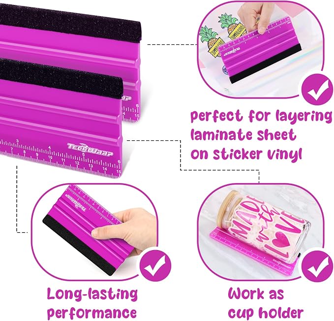 TECKWRAP Professional Felt Squeegee for Vinyl, Pitaya, 2 PCS, 6"x2.9" | For Vinyl Decals, Inkjet Vinyl Sticker Paper, Wallpaper, Scratch-Free Application