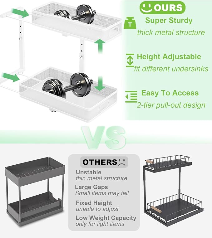 Under Sink Organizer 2 Pack, High Adjustable 2 Tier Under Sink Organizers and Storage, Slide out Metal Cabinet Organizers, Pull out Storage Drawer Shelf for Kitchen Bathroom Cabinet (White-1 pack)