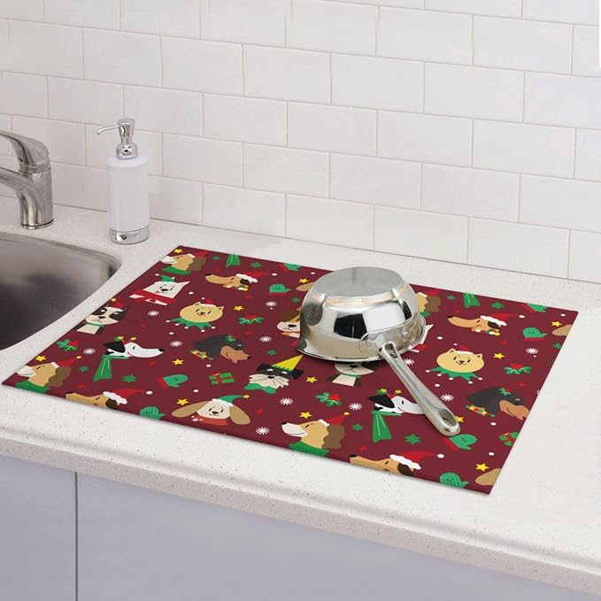 Red Christmas Puppy Dog Dish Drying Mat 18 x 24 Inch for Kitchen Counter Cute Kitchen Mat Microfiber Kitchen Countertop Absorbent Reversible Drainer Rack Pad Dish Drying Mat