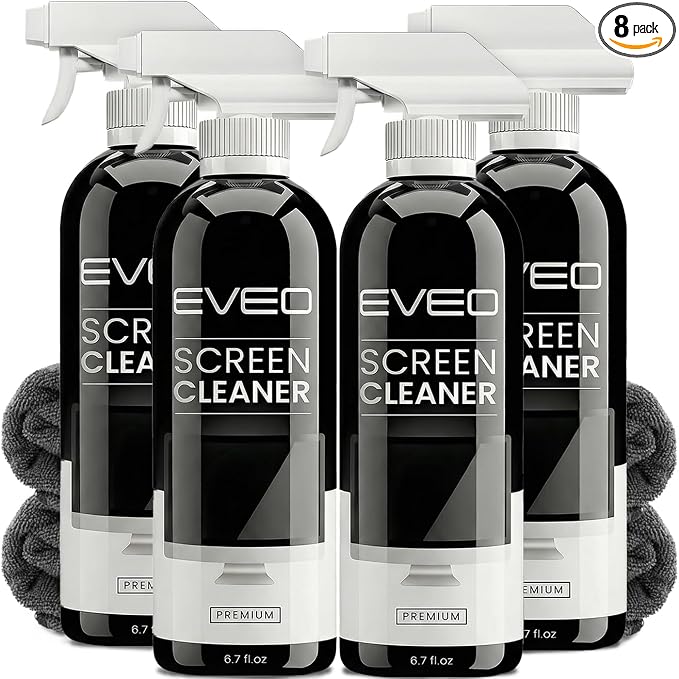 EVEO® Screen Cleaner Spray Kit (Streak-Free) TV Screen Cleaner for Smart TV, LCD, LED, OLED | Computer Screen Cleaner Spray and Wipe Microfiber Cloth - TV, Monitor, Laptop, iPad, Car - 6.7oz 4 Pack