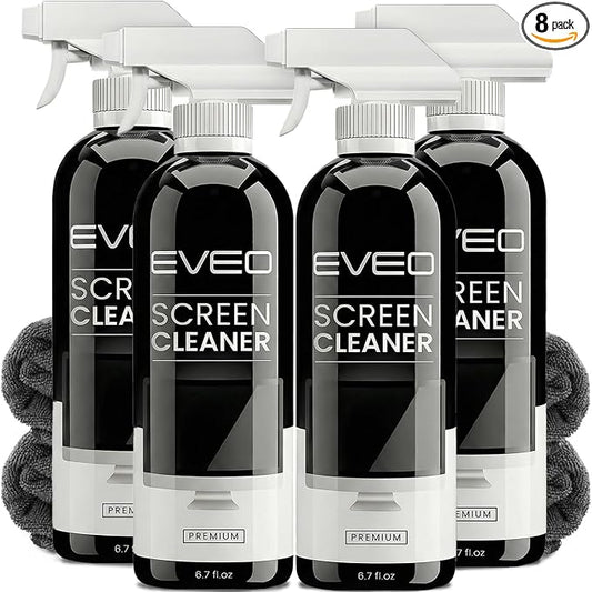 EVEO® Screen Cleaner Spray Kit (Streak-Free) TV Screen Cleaner for Smart TV, LCD, LED, OLED | Computer Screen Cleaner Spray and Wipe Microfiber Cloth - TV, Monitor, Laptop, iPad, Car - 6.7oz 4 Pack
