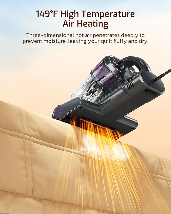 LED Display Mattress Vacuum Cleaner, 18Kpa Bed Vacuum Cleaner with 253.7nm UV-C Light, HEPA Filter & Ultrasoni, 149℉ Heat, Triple-Cup Versatile Handheld Vacuums for Bed Sofa Carpets Pet Hair Fine Dust