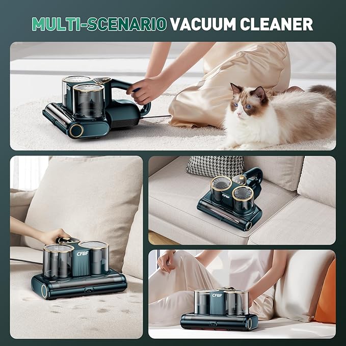CFBF Mattress Bed Vacuum Cleaner with 16Kpa Suction & 253.7nm UV-C Light | Ultrasonic & High Heating, 500W Powerful Double-Cup Handheld Vacuums for Bed, Sofa, Couch, Crib, 16.4FT Corded