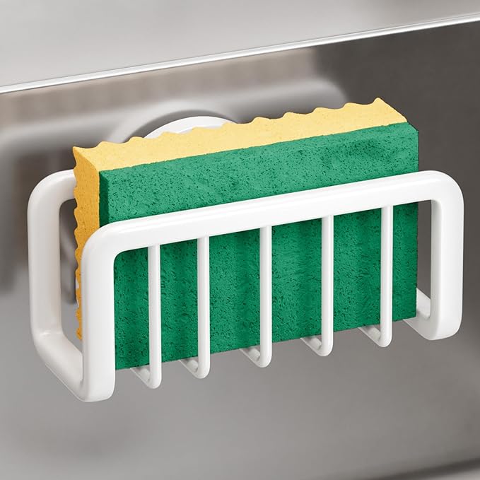 TAILI Sponge Holder for Kitchen Sink with Strong Suction Cup, Rustproof Aluminum Sink Caddy for Sponges, Removable Sponge Holder, Dish Brush for Scraper - White